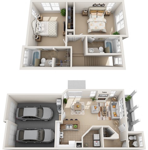 two images of a house and a floor plan with two different layouts